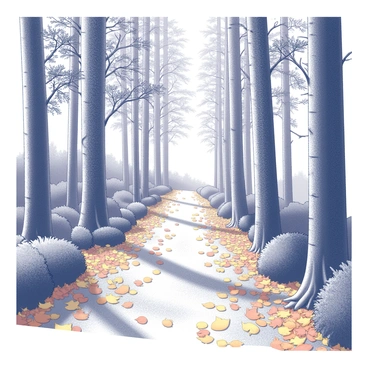 A forest pathway lined with tall trees, their trunks rising prominently on either side. The ground is scattered with fallen autumn leaves, creating a textured layer of orange, yellow, and brown foliage. The canopy above is dense, allowing filtered light to softly illuminate the pathway. The scene captures a sense of depth as the pathway leads into the distance, flanked by various shrubs and low-hanging branches.