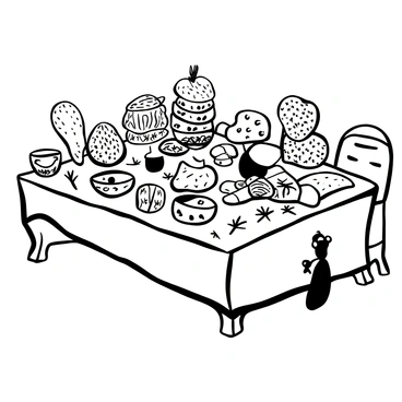 A large dining table filled with a variety of focaccia breads and small bowls of olive oil for dipping