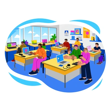 A modern computer lab filled with colorful digital tablets on each desk. Several students are seated at the desks, each focused on their screens, showcasing a variety of digital artwork. The room has large windows allowing natural light to flood in, and the walls are adorned with vibrant posters of technology and digital design. The students are of diverse backgrounds, wearing casual clothing, and some are collaborating, while others are working independently. There are wires and cables neatly organized, and a couple of shelves display additional tech equipment and supplies.