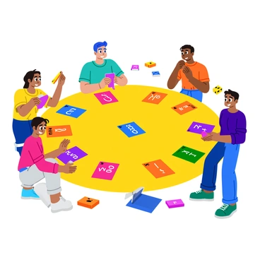 A colorful card game set on a bright table, where players are engaged in matching cards. Each card features a distinct quadratic equation with numbers and variables prominently displayed. The players are shown concentrating as they hold cards with factors, including numbers and binomials. The cards are vibrant with various colors, making them easily distinguishable. Some players smile while others are deep in thought, showcasing the fun and challenge of the game. The background includes a few scattered cards and a pair of dice, suggesting an interactive and lively atmosphere.