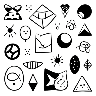 A 1/16 illustration board featuring a series of intricate geometric patterns. The patterns include interlocking triangles, circles, and hexagons arranged in a harmonious layout. Each shape is outlined with precise black lines, creating a stark contrast against the white background. The designs vary in size and complexity, with some featuring detailed fills while others remain empty. The overall composition is balanced, with a rhythmic flow guiding the viewer's eye across the board.