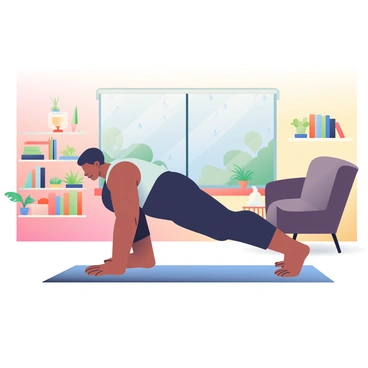 A person with medium skin is practicing a side plank on a soft, gray yoga mat in a cozy indoor setting. They are wearing a light blue tank top and black leggings. The room has warm, neutral-colored walls and a small bookshelf filled with plants and books in the background. A large window shows rain pouring down, with droplets trailing down the glass. There is a plush, dark brown armchair in the corner of the room, and a steaming cup of tea sits on a small wooden table nearby. A soft, dim light is illuminating the space, creating a warm and inviting atmosphere.