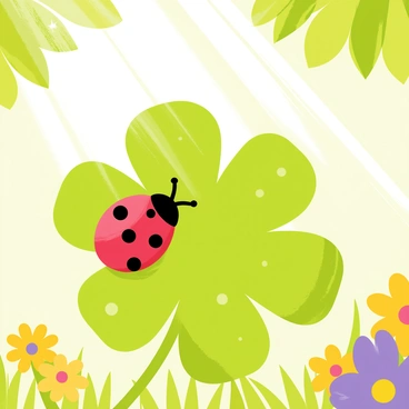 A bright red ladybug with black spots is resting on a green clover leaf covered in glistening droplets of dew. The clover leaf has a vibrant green color with delicate serrated edges. The background features soft green grass and a few colorful flowers, including yellow daisies and purple pansies, adding charm to the morning garden scene. Sunlight filters through the leaves overhead, creating a gentle sparkle on the dewy surface.