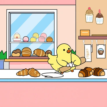 A peep baking pastries in a charming bakery with a window display