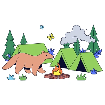 A friendly anteater with a light brown coat is walking through a jungle campsite. The campsite has two green tents set up on the ground, with their flaps slightly open. In the center of the campsite, there is a small campfire with orange flames and grey smoke rising above it. Surrounding the campfire are several logs arranged in a circle. Lush green foliage and tall trees frame the scene, adding a sense of depth to the jungle environment. A few colorful butterflies flutter around the anteater, enhancing the lively atmosphere.