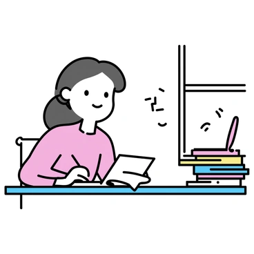 A woman named "Kartini" sits at a wooden desk made of dark oak. She has long hair, partially tied back, and is focused on writing letters with a "quill" dipped in "ink." The desk is cluttered with several "books" stacked haphazardly, showcasing various colors and sizes. Sunlight streams in through a nearby window, casting gentle shadows on the desk and highlighting her concentrated expression.