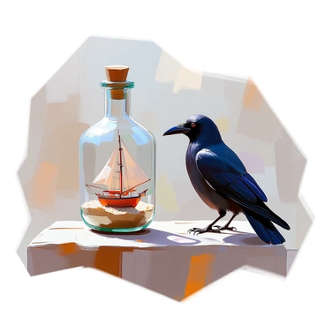 A black raven with glossy feathers is standing on a weathered wooden surface next to an old glass bottle. Inside the bottle, a detailed miniature ship is visible, complete with tiny sails and rigging. The bottle is slightly tilted, revealing a hint of sand at the bottom, creating an atmosphere of mystery. The raven gazes intently at the ship, its sharp beak and bright eyes contrasting against the opacity of the glass. The background shows hints of a textured, natural environment, enhancing the focus on this intriguing scene.