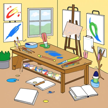An art studio filled with vibrant colors and various artistic supplies. The walls are adorned with several unfinished canvases, each showcasing an array of bold brush strokes and swirling patterns. In the center of the room, there is a wooden easel that holds a partially completed painting with bright hues of blue, red, and yellow. Various brushes are scattered across a large table, along with tubes of paint in different colors, some open and squeezed. A set of paint palettes with mixed colors lies nearby. The floor is covered with drops of paint, and a few sketchbooks are stacked in one corner, open to pages of sketches. A small window lets in soft light, illuminating the creative chaos of the space.