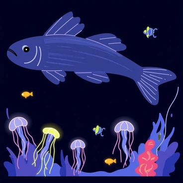 A coelacanth with a dark blue body and distinctive lobed fins is emerging from the dark depths of the ocean. Its scales shimmer with hints of silver under the faint light. Surrounding the coelacanth are various bioluminescent creatures in vibrant colors, such as glowing jellyfish with long, flowing tentacles and small fish with bright neon patterns. The ocean background is a deep, rich blue, creating a stark contrast to the luminous beings nearby, highlighting the fascinating underwater scene.