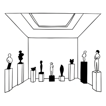 A gallery room features a large skylight positioned in the center of the ceiling, allowing beams of natural light to pour in. The light highlights a series of elegant sculptures displayed on pedestals throughout the room. Each sculpture varies in shape and form, showcasing intricate details. The walls of the gallery are adorned with minimalistic decor. The floor is polished, reflecting the light and the sculptures, creating a harmonious atmosphere within the space.