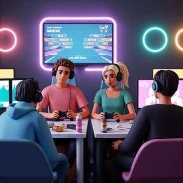 A group of four gamers, two men and two women, sitting at gaming desks with multiple screens displaying vibrant graphics of a competitive video game. Each gamer is wearing a headset with a microphone, showing intense concentration on their faces. The first man has short black hair and is wearing a blue hoodie, while the second man has curly brown hair and wears a red t-shirt. One woman has long blonde hair tied in a ponytail and wears a green tank top, while the other woman has short dark hair and wears a black sweatshirt. The atmosphere is illuminated by colorful LED lights illuminating the room, and a large digital scoreboard displays the tournament standings. Each gamer has a game controller in hand, with energy drinks and snacks scattered on the desks.