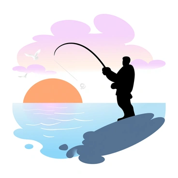 A solitary fisherman stands on a rocky shore, holding a fishing rod with a line cast into the sea. The sky is filled with vibrant gradient pastel colors, transitioning from deep oranges and warm pinks to soft purples as the sun sets on the horizon. Gentle waves lap against the rocks beneath the fisherman, and seagulls can be seen flying in the distance. The silhouette of the fisherman contrasts sharply with the colorful sky, creating a striking visual scene.