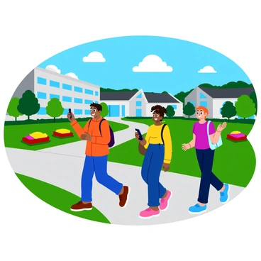 A group of new students walking together on the campus of "Arts University Bournemouth". They are looking around, with expressions of curiosity and excitement. The campus is surrounded by well-maintained lawns and colorful flower beds. Various buildings, showcasing modern architecture, are visible in the background. One of the students is carrying a backpack, while another is taking photos with a smartphone. A few trees provide shade along the pathways, and the sky is clear with a few fluffy clouds scattered above.