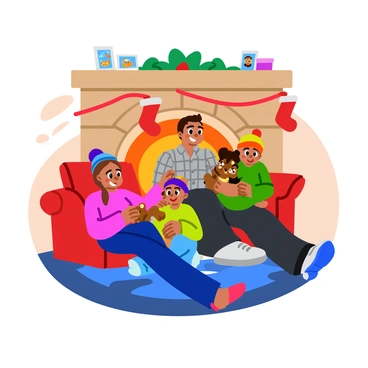 A cozy family portrait featuring a mother and father, along with two children, posed in front of a glowing fireplace. The parents sit on a plush, cushioned sofa, smiling warmly at the camera. The mother wears a soft, knitted sweater, while the father sports a flannel shirt. The children, a boy and a girl, are nestled close to their parents, the boy holding a stuffed bear and the girl wearing a colorful beanie. The fireplace behind them is adorned with stockings and emits a warm, flickering light that highlights the family's expressions. A patterned rug is spread on the floor, and a few family photos are displayed on the mantel.