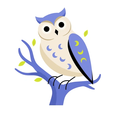 An owl perched on a gnarled tree branch with its sharp talons gripping the bark. The owl has large, round eyes that are bright and attentive. Its feathers are patterned with intricate "crescent moons" in various shades of blue and silver. The background shows soft, blurred hints of leaves, creating a natural setting for the owl. The owl's head is slightly turned, showcasing its keen eyesight.