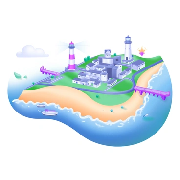 A detailed vector map illustrating a coastal town. The map features sandy "beaches" along the coastline, with small waves visually represented. Prominent "piers" extend into the water, with fishing boats docked alongside. "Lighthouses" are strategically placed along the shore, showcasing their distinctive tall structures. The town area includes various buildings and streets, each marked clearly for easy navigation. Green spaces and parks are dotted throughout the map, adding a touch of nature to the urban layout.