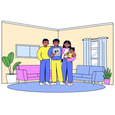 A family stands together in their newly renovated living room, smiling with pride. The room features fresh paint in a soft beige color and modern furniture arranged neatly. One family member holds a framed "before" photo of the space, showcasing the previous condition of the room. Sunlight streams through large windows, highlighting the transformed space. There are decorative plants in the corners, adding a touch of greenery to the atmosphere.