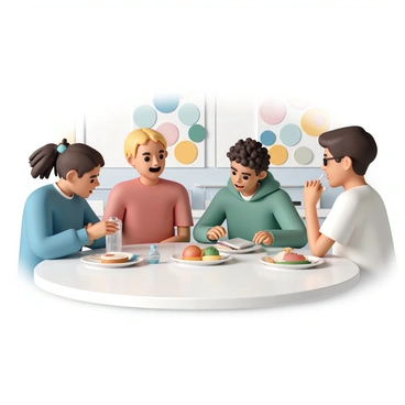 A group of students seated at a round table in a bright cafeteria, engaged in a lively discussion about the upcoming "bac exams." Two girls, one with brown hair in a ponytail wearing a blue sweater and the other with curly black hair wearing a red t-shirt, are animatedly sharing their notes. A boy with short blonde hair, dressed in a green hoodie, is listening attentively while taking notes on a notebook. Another boy with glasses and a white shirt is sipping water from a clear bottle, looking thoughtful. Plates of food, including sandwiches and fruit, are scattered on the table, and the cafeteria has a colorful mural on the wall behind them.