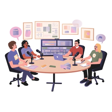 A digital flat illustration depicting a podcast recording session focused on illustration. In the center, there are three artists sitting around a round table, each with microphones in front of them. The first artist, on the left, has short brown hair and is wearing a blue shirt with a graphic design on it. The second artist, in the middle, has curly black hair and is wearing a red sweater. The third artist, on the right, has straight blonde hair and is wearing a green t-shirt with a paintbrush logo. Behind them, a large soundboard with various colorful buttons and faders is visible. There are sketchbooks and art supplies scattered on the table, along with a laptop displaying a digital illustration. A wall in the background is decorated with framed illustrations and sketches, adding context to their discussion. The atmosphere is lively with speech bubbles indicating conversation and laughter.