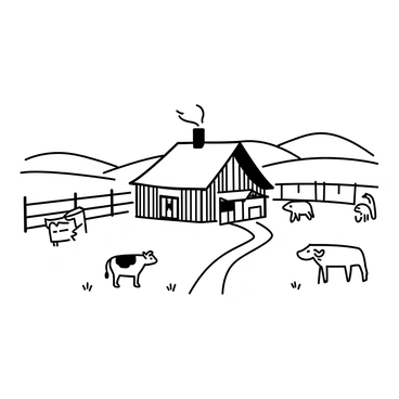 A small farmhouse with a thatched roof is nestled in the countryside. The farmhouse has wooden walls and a front porch, with a smoke curling from the chimney. Surrounding the farmhouse are vast fields of grass and crops. A few grazing animals, including a cow and sheep, are scattered throughout the fields. A dirt path leads from the farmhouse to a wooden fence that encloses part of the land. In the distance, rolling hills rise against the horizon, completing the tranquil rural landscape.