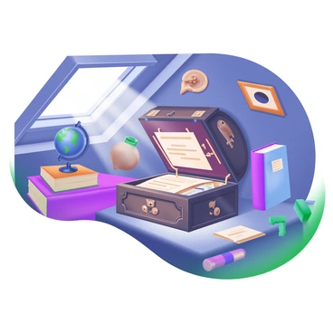 A dusty, forgotten secretaire sits in a cluttered attic. The secretaire is made of dark wood, displaying intricate carvings and a slightly ajar door revealing an assortment of old letters and papers inside. Surrounding it are piles of dusty books, a vintage globe, and various trinkets from the past, such as a rusty key and an old photograph in a faded frame. Sunlight filters through a small window, illuminating the dust particles floating in the air, creating a nostalgic atmosphere.