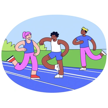 A group of athletes performing reverse lunges on a track field. The athletes have diverse appearances, showcasing different hair colors and athletic wear in vibrant shades. Each athlete is in a distinct stage of the lunge, with one leg stepping back while the other knee bends forward toward the ground. The track field is marked with white lines, and in the background, green grass is visible along the edges. The sky overhead is clear and blue, providing a bright atmosphere for their training session.