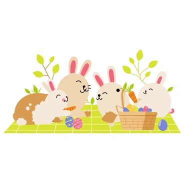 A family of bunnies sitting on a green checkered picnic blanket. The bunnies are various sizes, with soft white and brown fur. There are colorful Easter eggs scattered around them, decorated with bright patterns. A basket filled with carrot treats is positioned next to the bunnies. In the background, there are a few trees with green leaves, creating a cheerful atmosphere. One bunny is holding a carrot, while another is nibbling on a carrot treat.