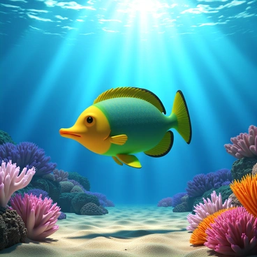 A realistic parrotfish swimming gracefully through a clear blue ocean. The fish exhibits a combination of bright colors, including shades of green, blue, and yellow, with a distinctive beak-like mouth. Surrounding the parrotfish, there are vibrant coral reefs in a variety of shapes and colors, including purples, pinks, and oranges. Sunlight filters through the water, casting shimmering patterns on the sandy ocean floor below.