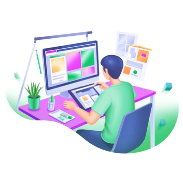 A graphic designer sitting at a modern desk, focused on a computer with multiple screens. Each screen displays vibrant designs, showcasing a variety of colors and patterns. The designer has short hair and is wearing a casual t-shirt, surrounded by graphic design tools like a tablet, color swatches, and sketch pads. The workspace is filled with plants and art supplies, creating a creative atmosphere.