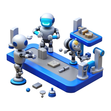 A group of robots working on an assembly line in an industrial setting. One robot is assembling parts with precision, while another is transporting materials on a conveyor belt. The environment features machinery, tools, and products being assembled in the background. The robots have metallic bodies and glowing eyes, showcasing their advanced technology. Various components are scattered around, highlighting the busy atmosphere of a manufacturing facility.