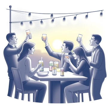 A busy outdoor bar scene during sunset. Tables are filled with people enjoying drinks and engaging in lively conversation. Several customers are raising their glasses in cheers, displaying expressions of joy and camaraderie. The setting features patio lights strung overhead, creating a warm ambiance. There are various drinks on the tables, and some people are laughing, while others are engaged in animated discussions. The sky shows the last light of day, adding to the vibrant atmosphere.