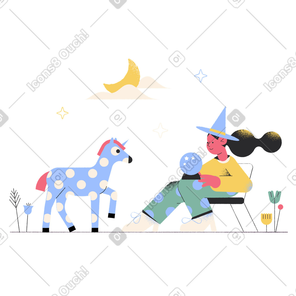 Witch with unicorn illustration in Pablo style download in PNG, SVG