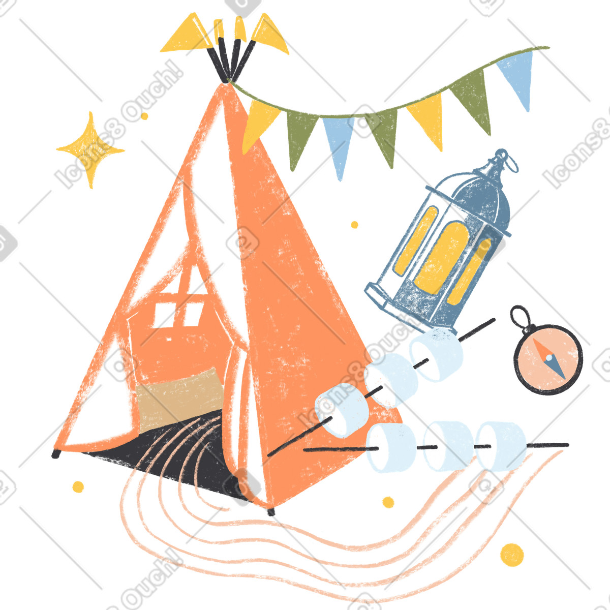 Camping setup with compass and marshmallows, Children's camp fun exploration illustration in Chalky style download in PNG, SVG