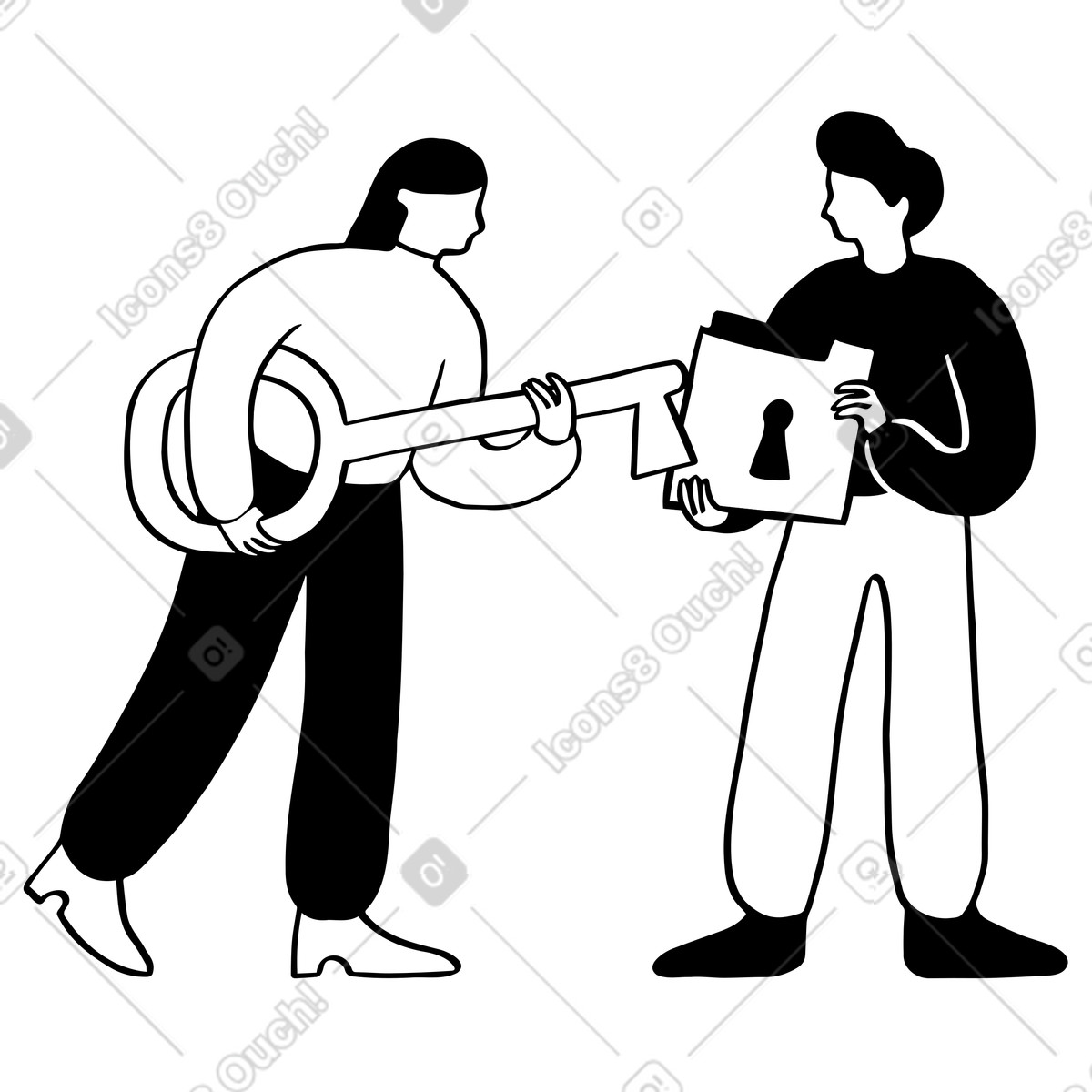 Teammates opening lock together, secure data access and privacy protection illustration in Journal style download in PNG, SVG