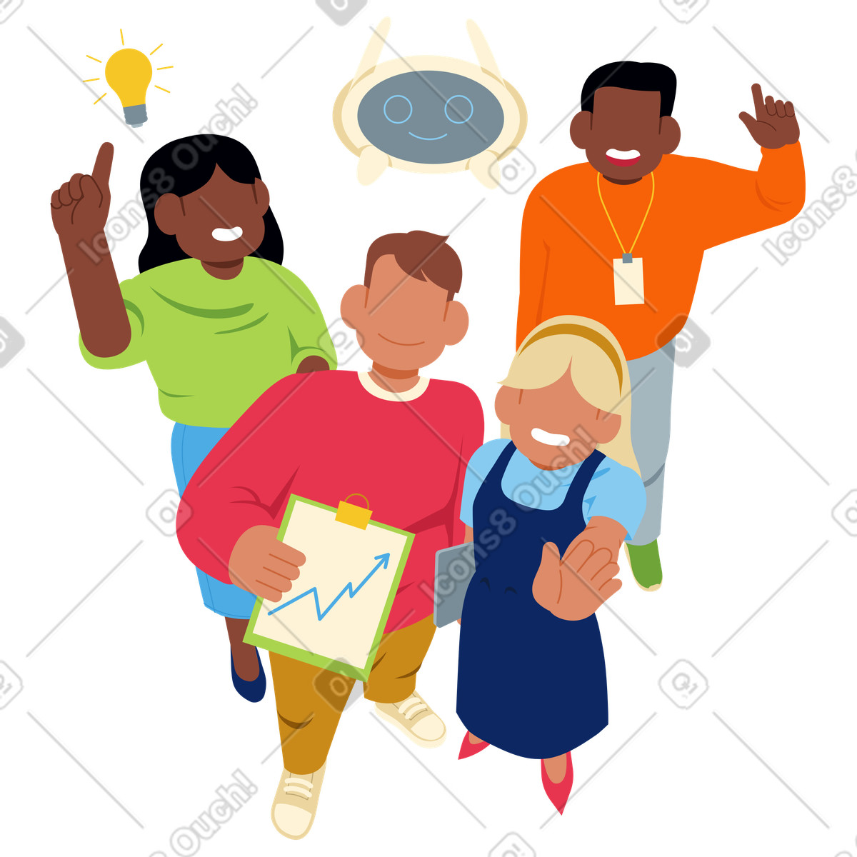 Colleagues brainstorming with a chart and robot illustration, teamwork clipart in PNG SVG GIF