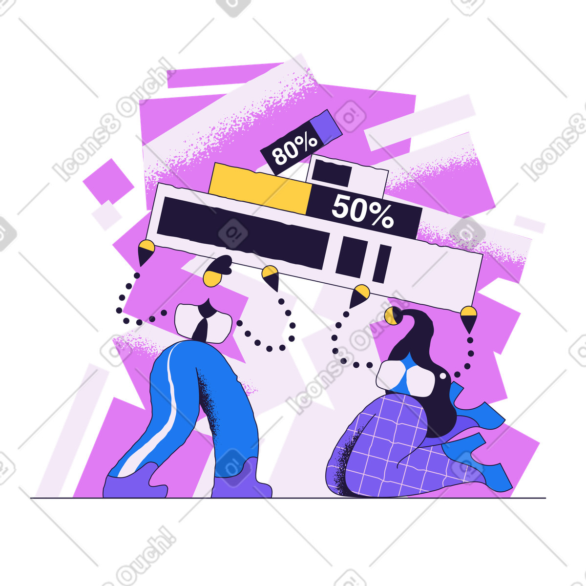 Illustration Personnes tenant des barres de chargement avec pourcentage de progression aux formats PNG et SVG
