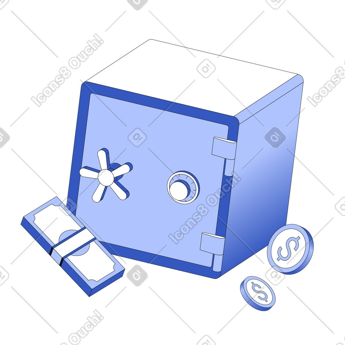Metal safe and money around animated illustration in GIF, Lottie (JSON), AE