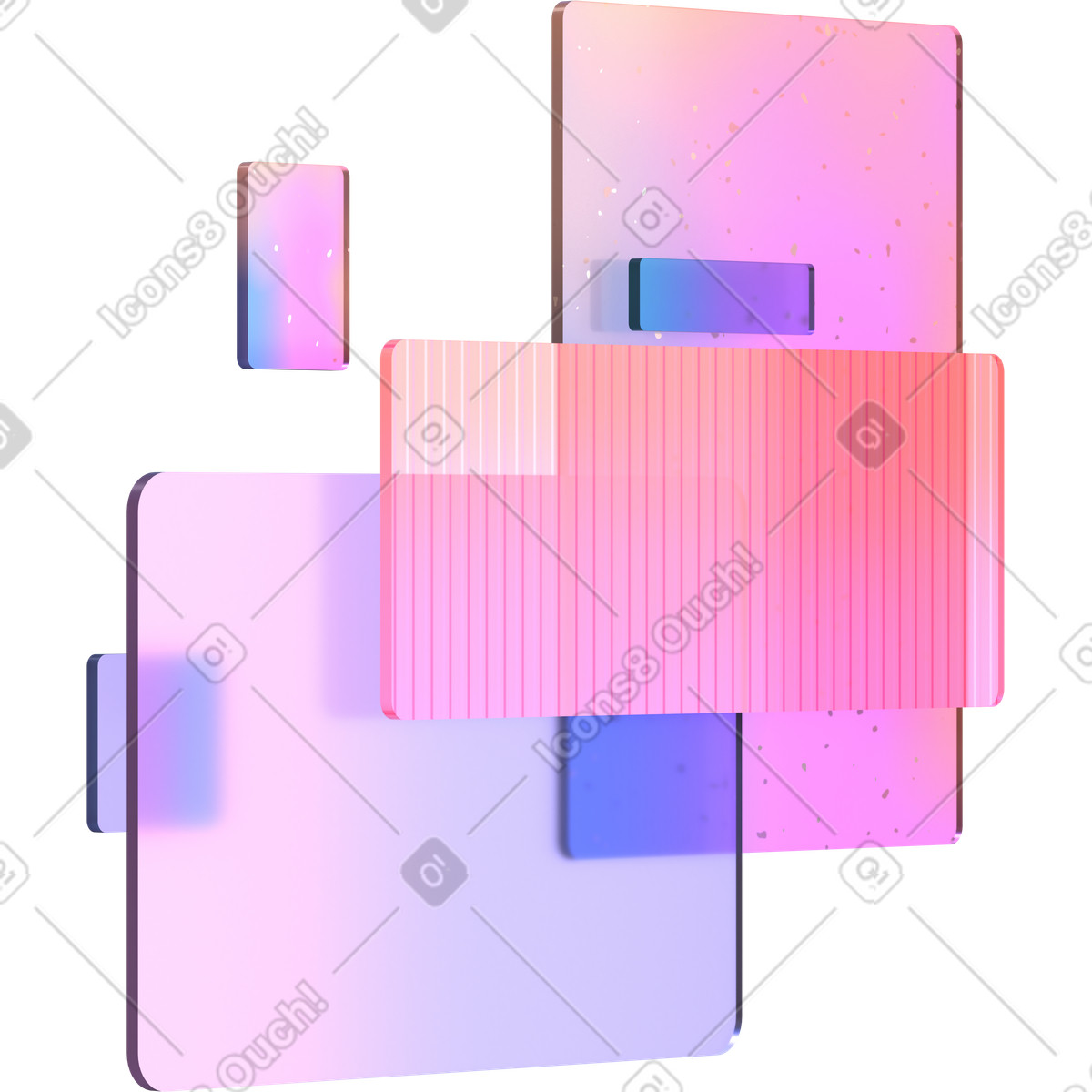 Six rectangles with rounded corners illustration in 3D Glassy style download in PNG, SVG