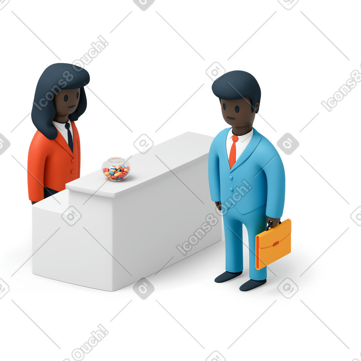 Receptionist e uomo in giacca cravatta piedi alla reception illustrazione stile 3D Flame scarica PNG, SVG