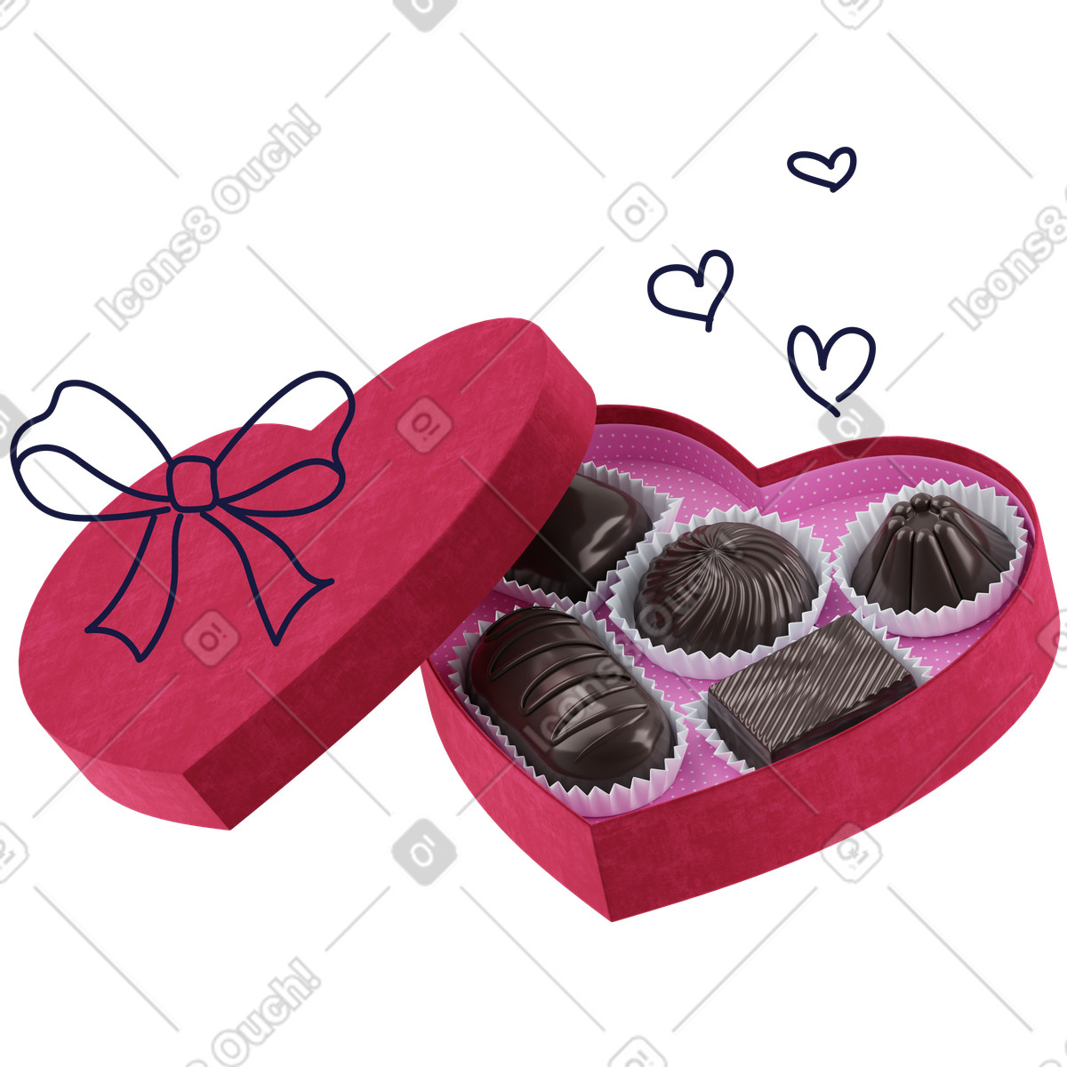 Herzförmige schachtel mit pralinenmischung, romantisches geschenk und valentinstagsgeschenk-Illustration im 3D Surfaced-Stil als Download in PNG, SVG