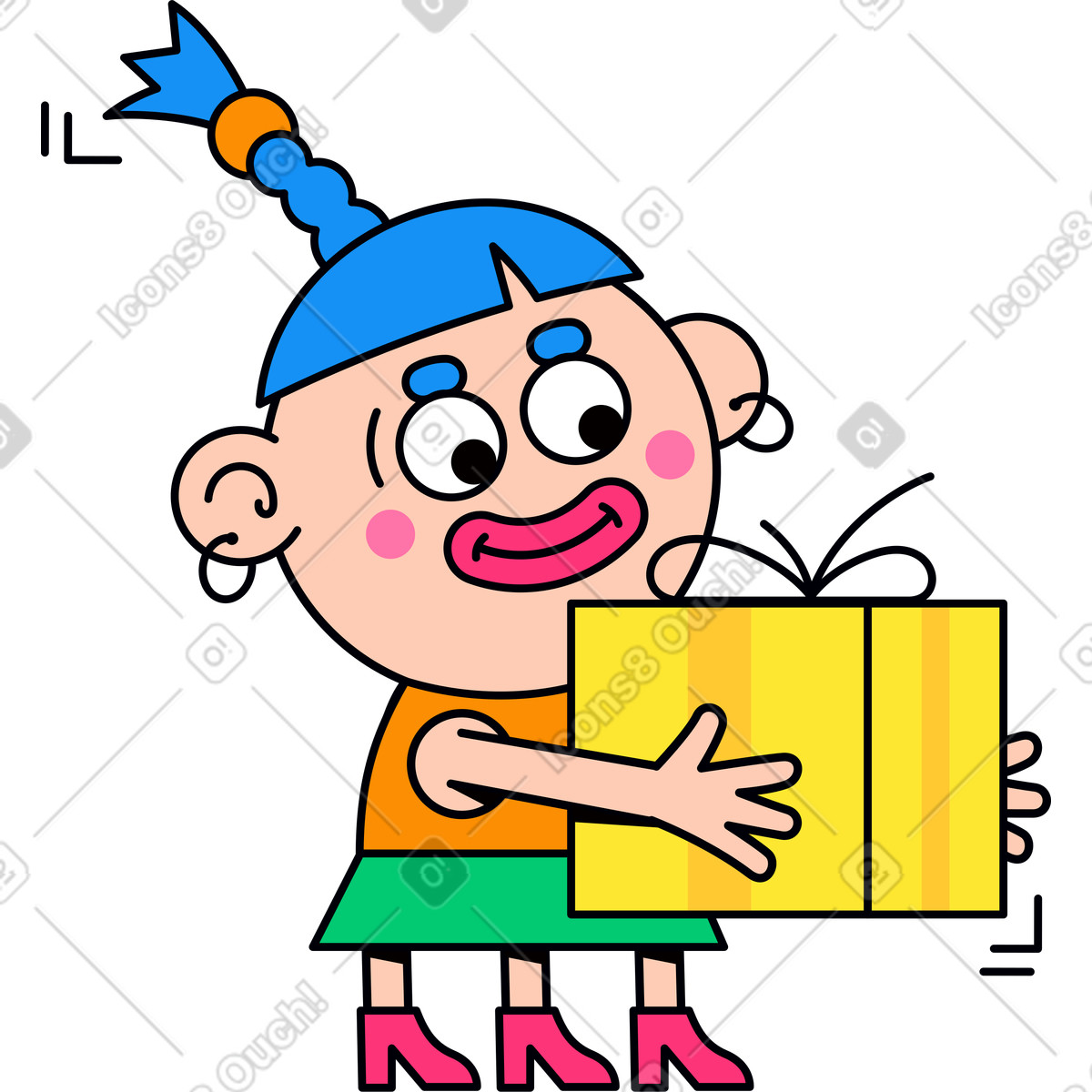 Ilustración Female character with gift box en estilo Droll a descargar en PNG y SVG