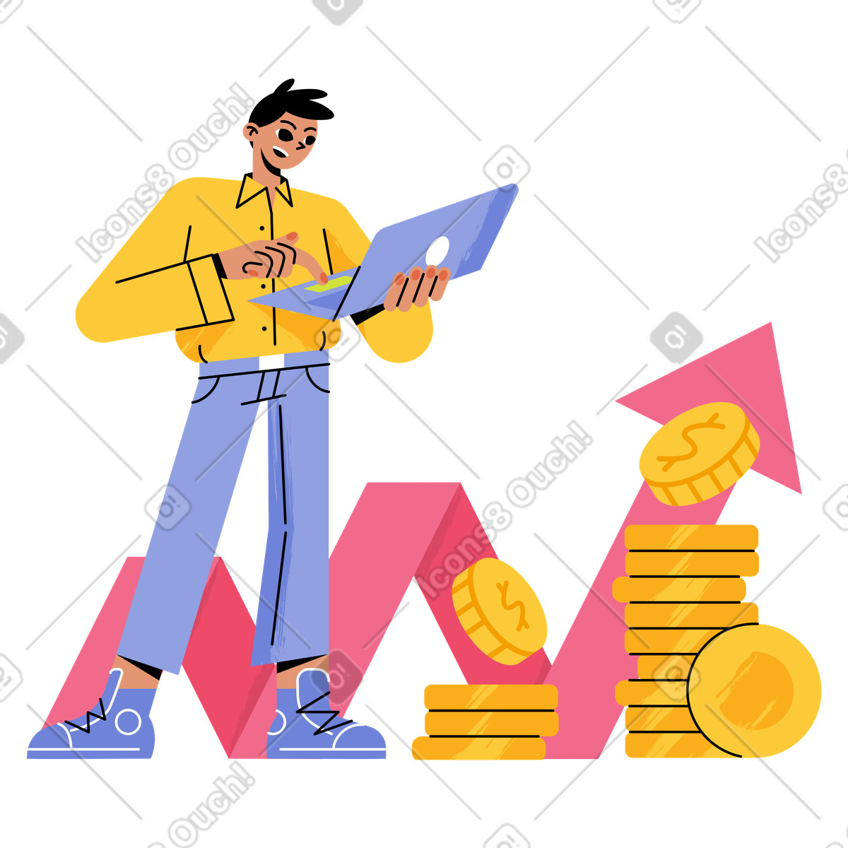 Иллюстрация Happy investor with laptop and growing income, Digital investment stock market growth в стиле Juicy — скачать в форматах PNG, SVG