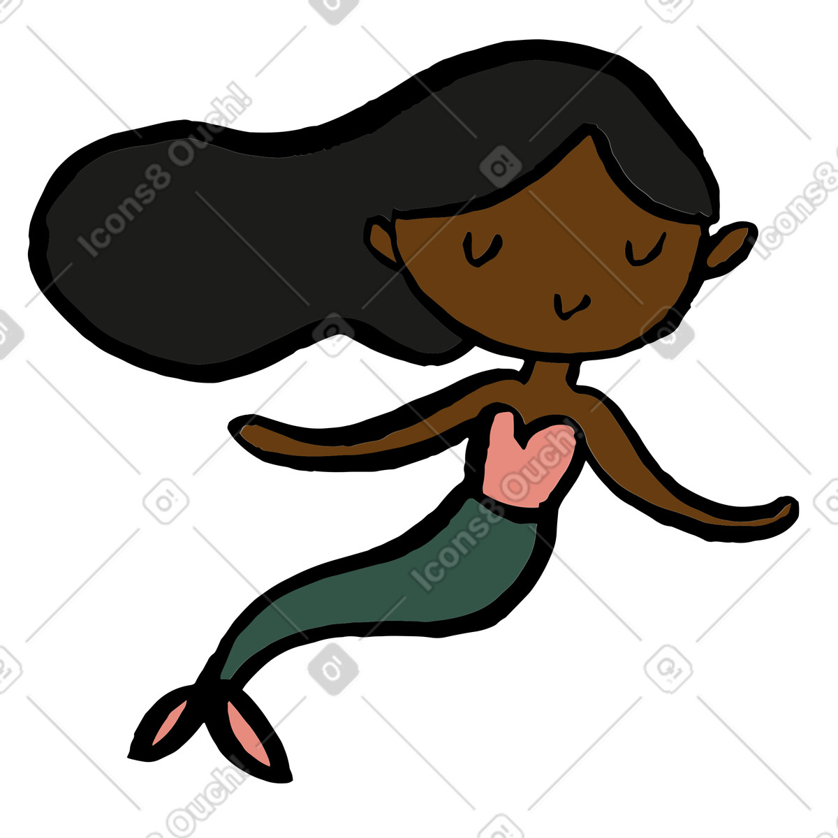 Sirena dalla pelle marrone con coda verde illustrazione in stile Scandi scarica in PNG, SVG