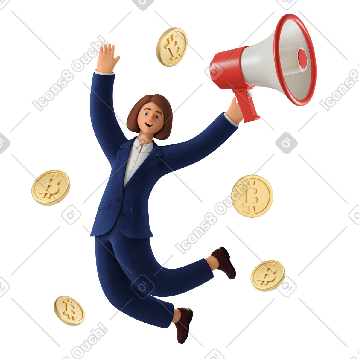 Ilustración Mujer rodeada de bitcoins anunciando venta por megáfono en estilo 3D Business a descargar en PNG y SVG
