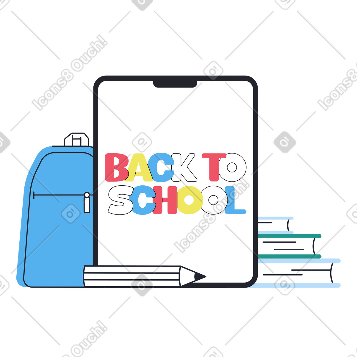 Ilustração de School supplies and colorful Back to text on tablet, Start of new year em no estilo Boba para baixar em PNG, SVG