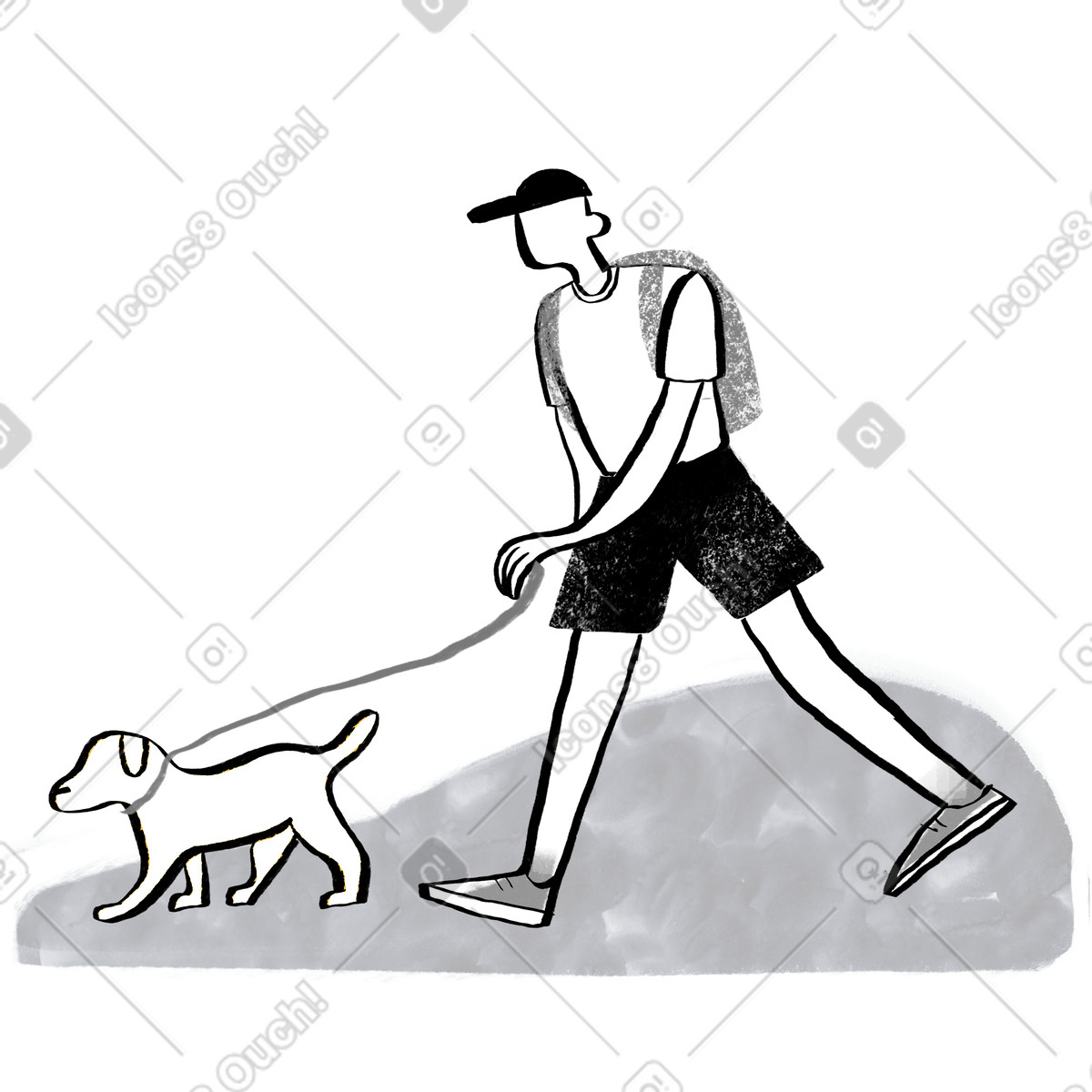 Black and white man walking the dog illustration animal clipart vector PNG