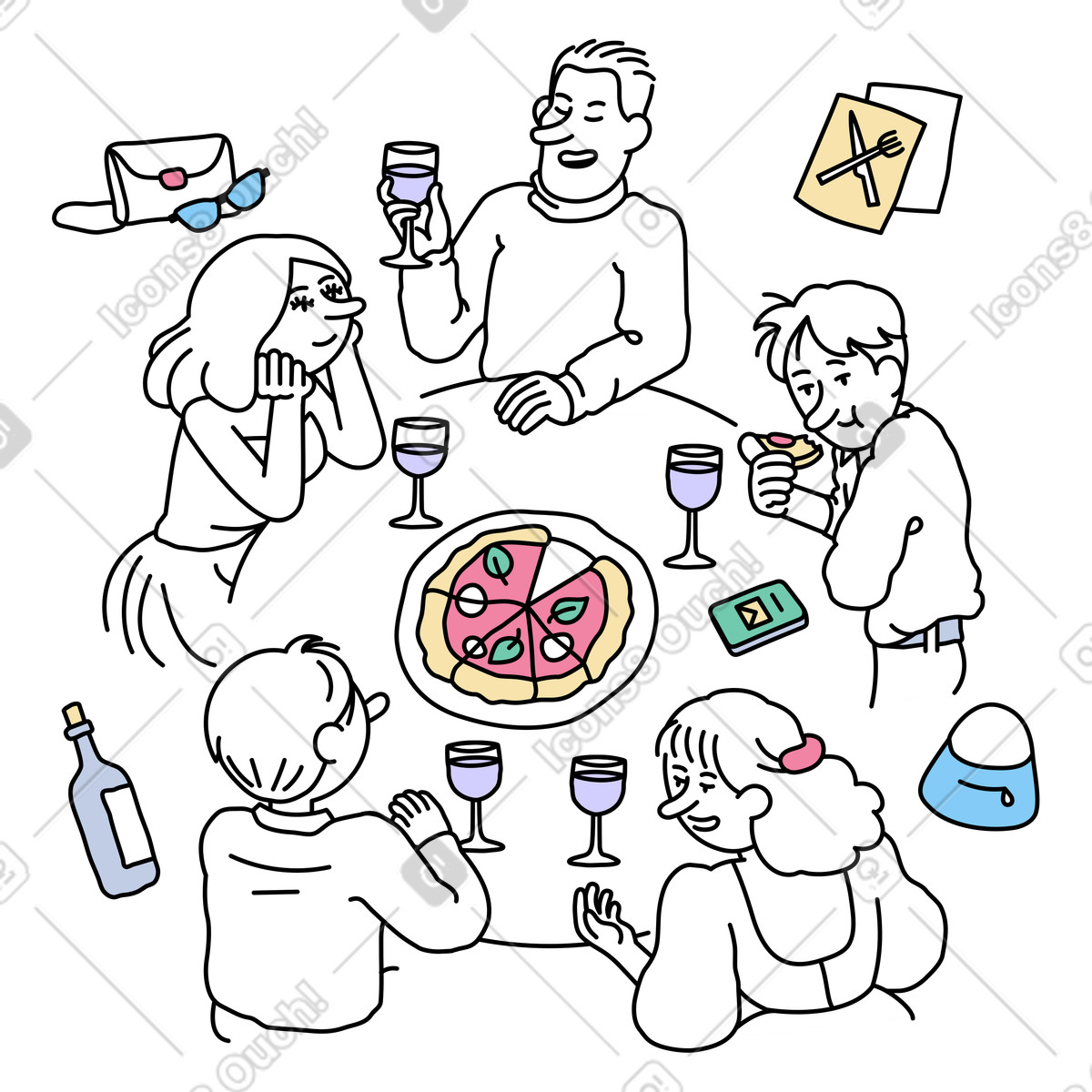 Group of people enjoying a meal illustration dinner clipart image in PNG SVG GIF