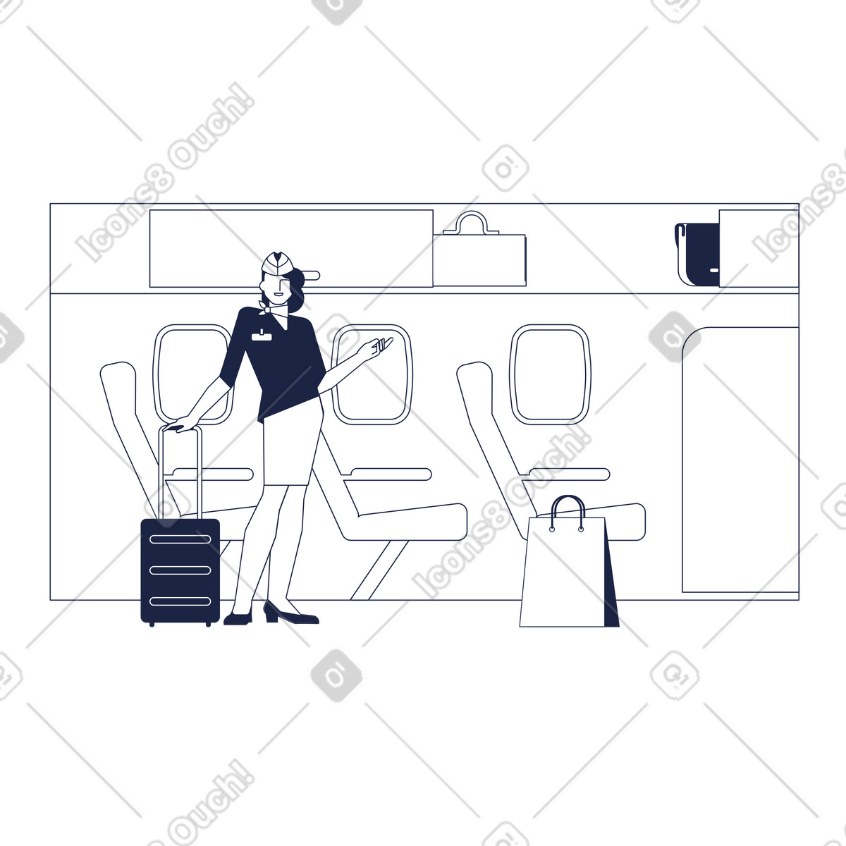 Stewardess welcoming with suitcase near airplane seats, Flight customer service and hospitality illustrazione in stile Urban Line scarica in PNG, SVG