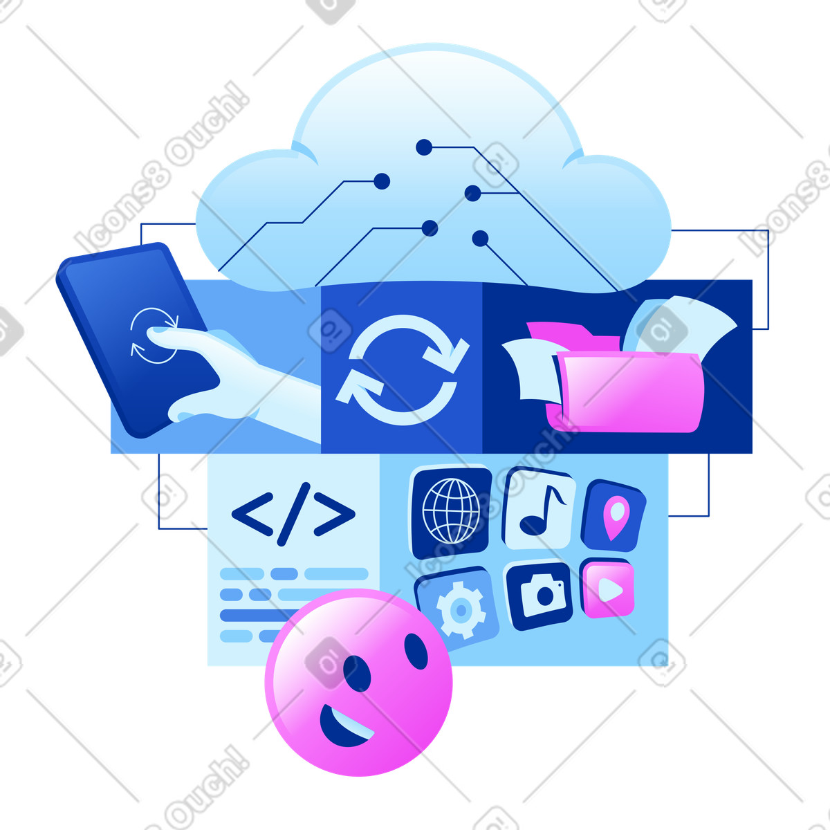 Diversi servizi e app cloud, archiviazione di file cloud illustrazione in stile Glossy scarica in PNG, SVG