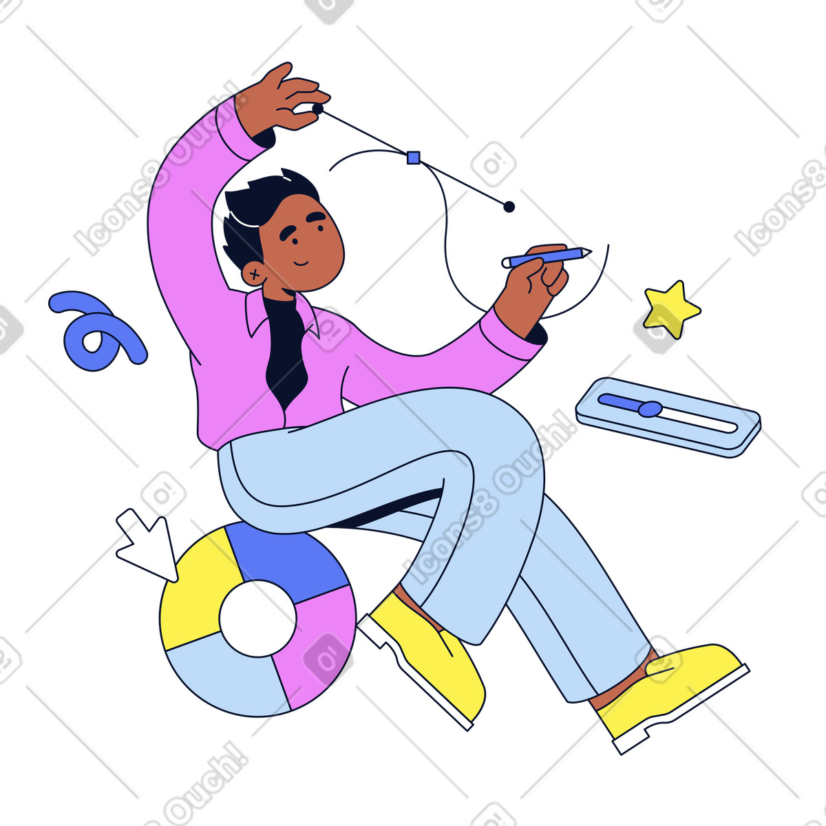 Web designer che lavora con la curva di bézier, illustrazione digitale e progettazione dell'interfaccia utente, strumenti editing grafico professionale in stile Flexy scarica in PNG, SVG